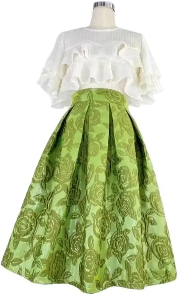 Vsadsau Women High Waist Long Skirt Pleated Midi Skirt Embroidered Mid-Calf Slim Fit Skirt