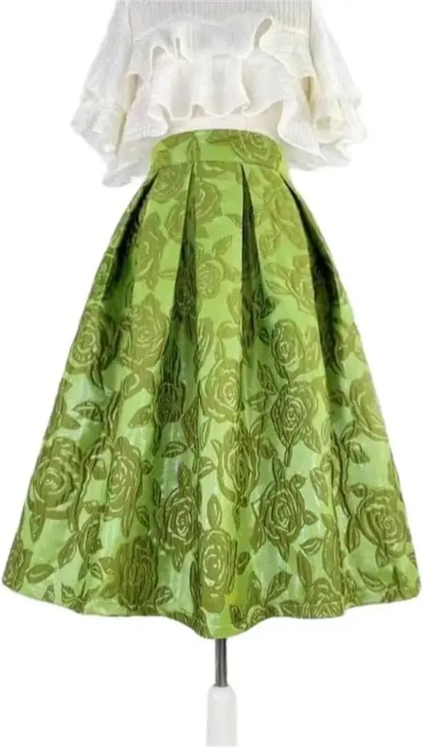 Vsadsau Women High Waist Long Skirt Pleated Midi Skirt Embroidered Mid-Calf Slim Fit Skirt