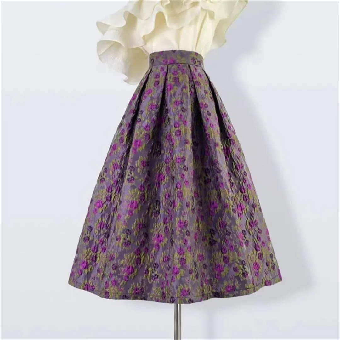 Vsadsau Women Retro Elegant Skirt High Waist Long Midi Skirt Printed Birthday Outfit Skirt
