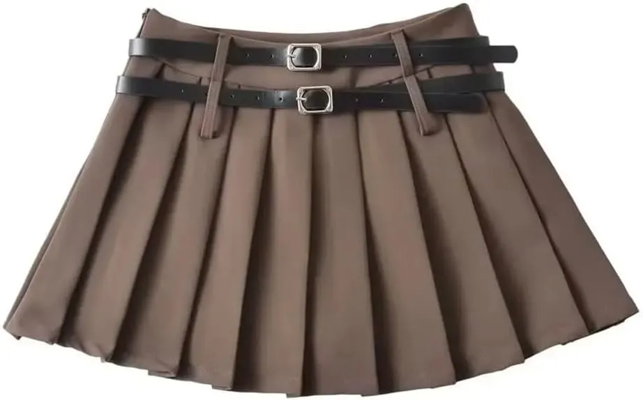 Woman Summer Double Belt Pleated Midi Skirt Slim Solid High Waisted Young Trip Mini Skirt