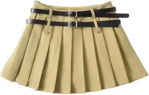 Woman Summer Double Belt Pleated Midi Skirt Slim Solid High Waisted Young Trip Mini Skirt