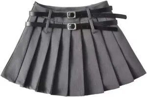 Woman Summer Double Belt Pleated Midi Skirt Slim Solid High Waisted Young Trip Mini Skirt