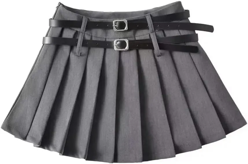 Woman Summer Double Belt Pleated Midi Skirt Slim Solid High Waisted Young Trip Mini Skirt