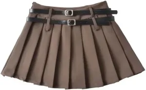 Woman Summer Double Belt Pleated Midi Skirt Slim Solid High Waisted Young Trip Mini Skirt