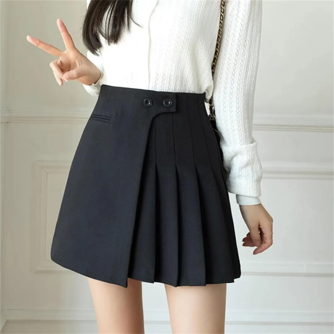 Women A-Line Mini Pleated Skirt High Waist Buttons Short Skirt Solid Casual Skirts