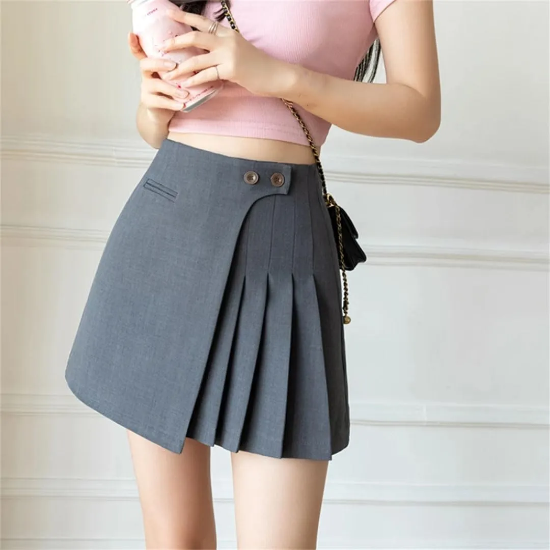 Women A-Line Mini Pleated Skirt High Waist Buttons Short Skirt Solid Casual Skirts