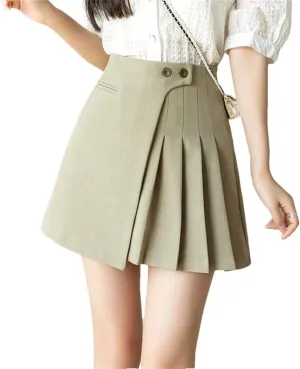 Women A-Line Mini Pleated Skirt High Waist Buttons Short Skirt Solid Casual Skirts