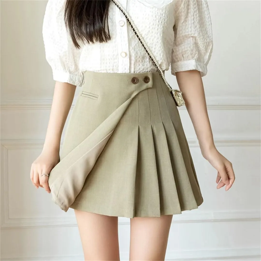 Women A-Line Mini Pleated Skirt High Waist Buttons Short Skirt Solid Casual Skirts