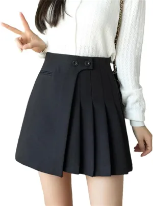 Women A-Line Mini Pleated Skirt High Waist Buttons Short Skirt Solid Casual Skirts