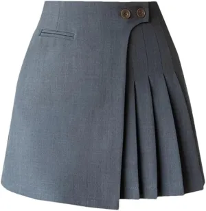 Women A-Line Mini Pleated Skirt High Waist Buttons Short Skirt Solid Casual Skirts