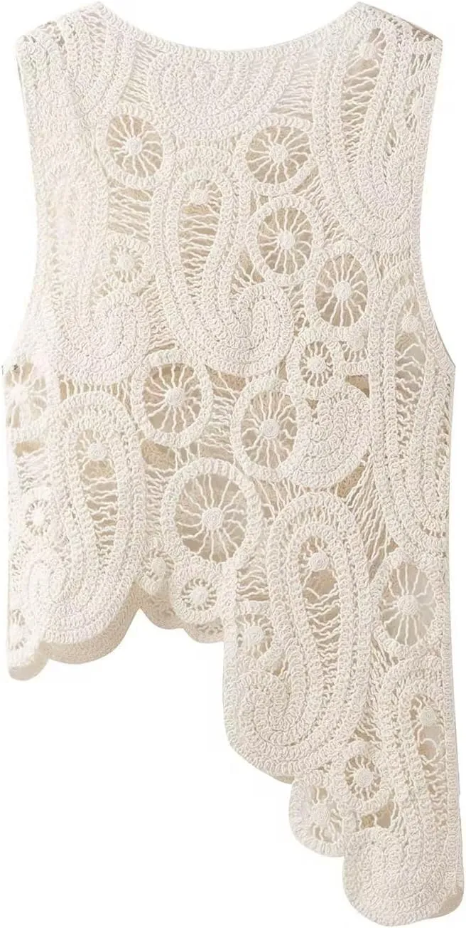Women Asymmetric Sweater Vest Casual Female O-Neck Sleeveless Knitted Hollow Out Sweet Tank Tops