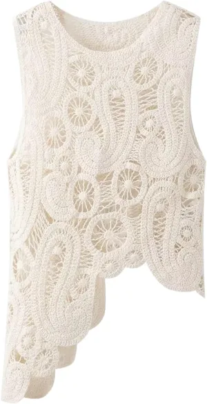 Women Asymmetric Sweater Vest Casual Female O-Neck Sleeveless Knitted Hollow Out Sweet Tank Tops