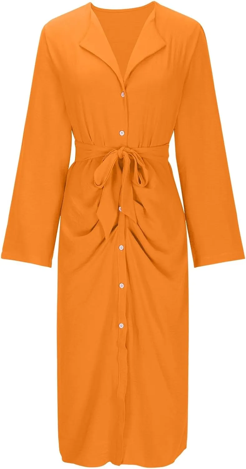 Women Button Down Midi Pencil Dress Long Sleeve V Neck Office Sheath Dress Elegant Belted Ruched Slim Teacher Dress