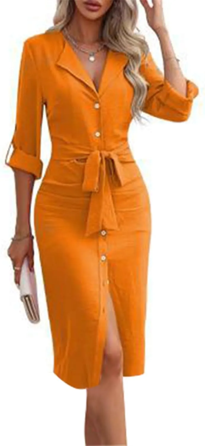 Women Button Down Midi Pencil Dress Long Sleeve V Neck Office Sheath Dress Elegant Belted Ruched Slim Teacher Dress
