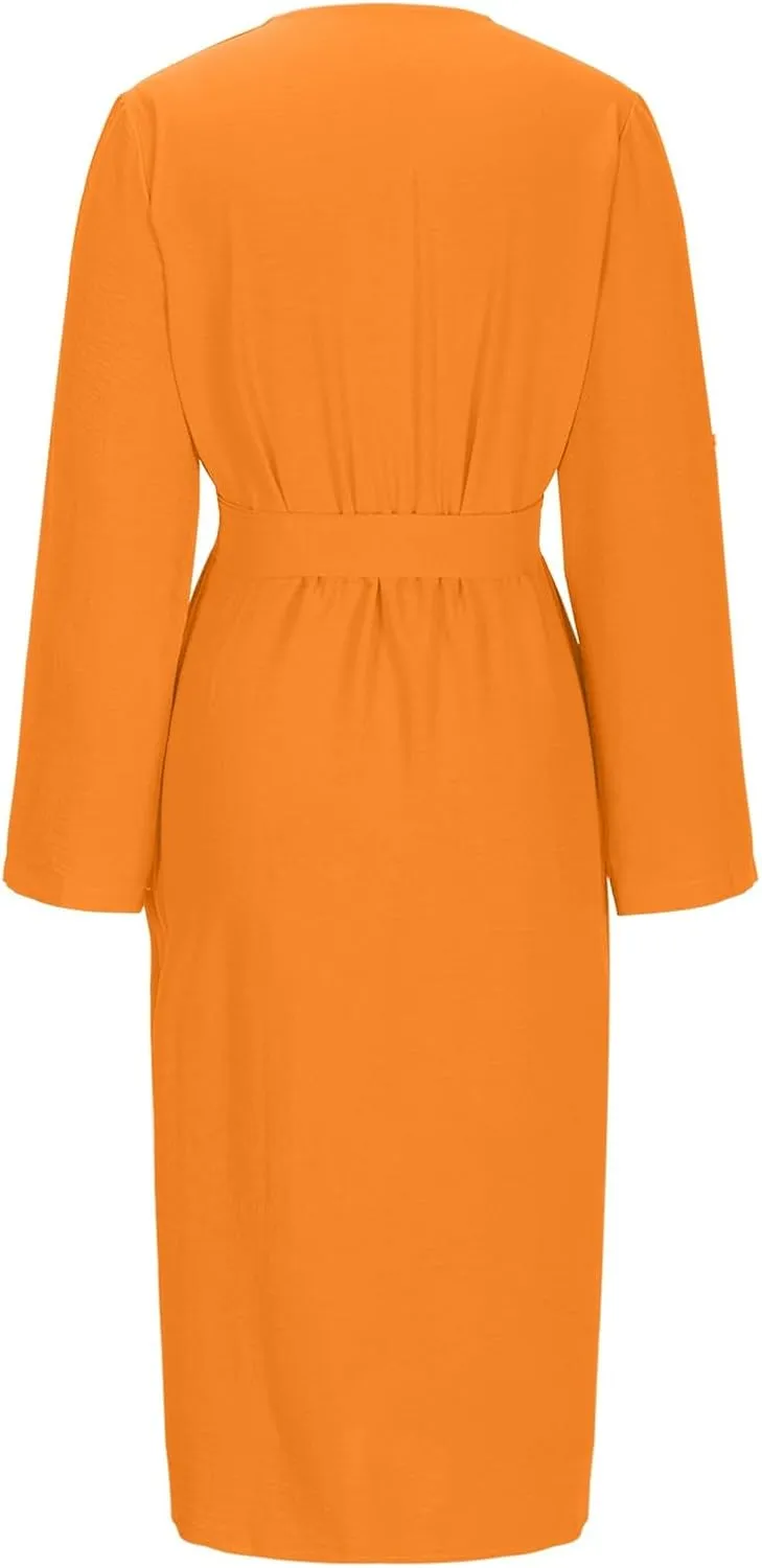 Women Button Down Midi Pencil Dress Long Sleeve V Neck Office Sheath Dress Elegant Belted Ruched Slim Teacher Dress