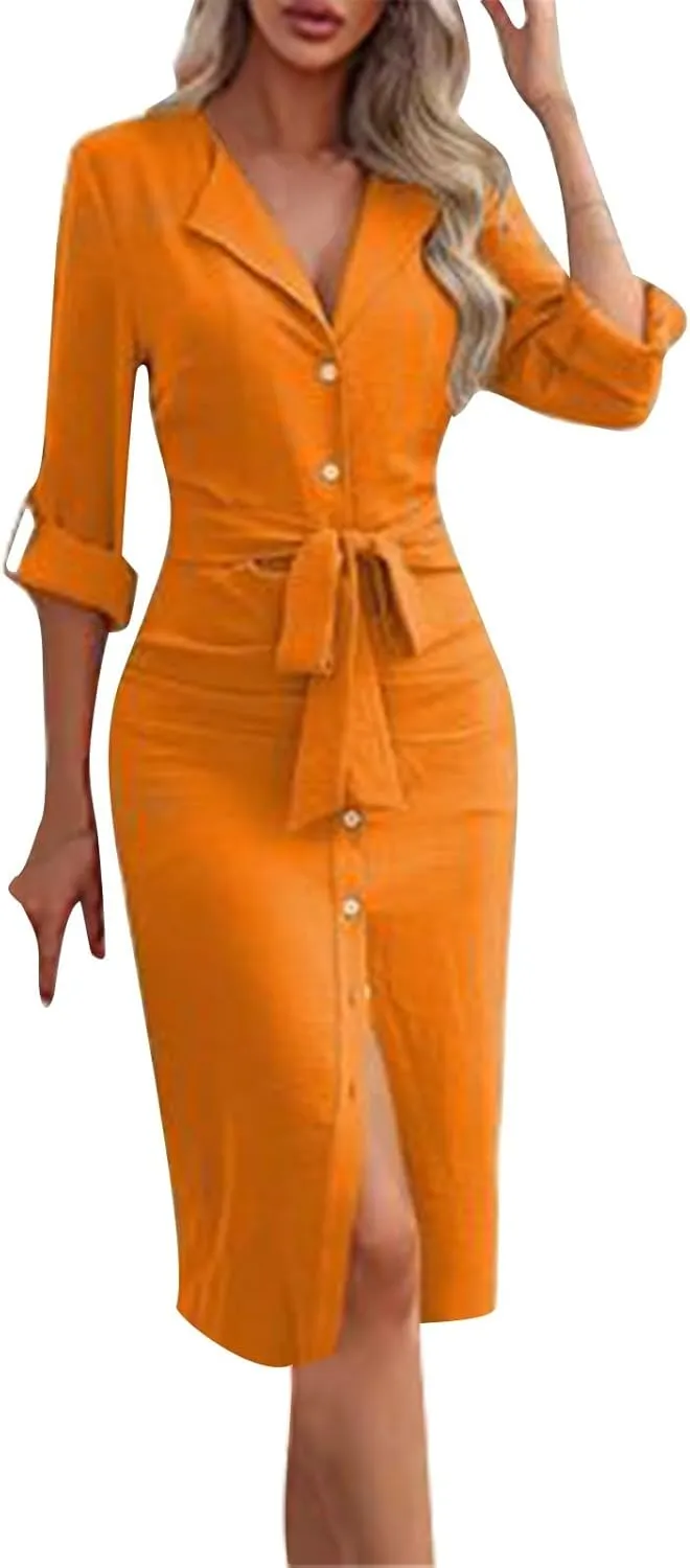 Women Button Down Midi Pencil Dress Long Sleeve V Neck Office Sheath Dress Elegant Belted Ruched Slim Teacher Dress