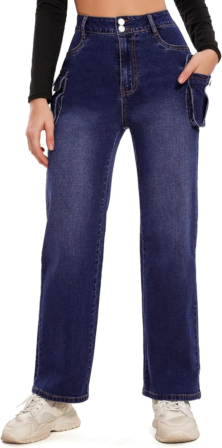 Women Denim Sweatpant Cargo Jeans High Waist Flap Pocket Casual Full-Length Wide Leg Pants Baggy Faux Jeans