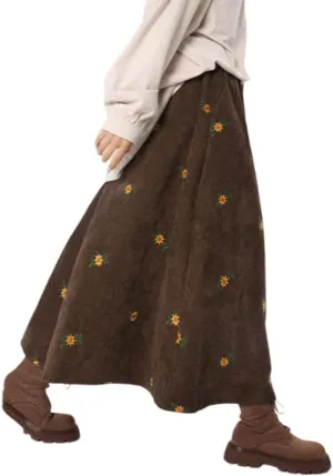 Women Fall Corduroy Long Skirt Embroidery Floral A-Line Pleated Maxi Dress Flowy Cottagecore Winter Midi Skirts Y2K