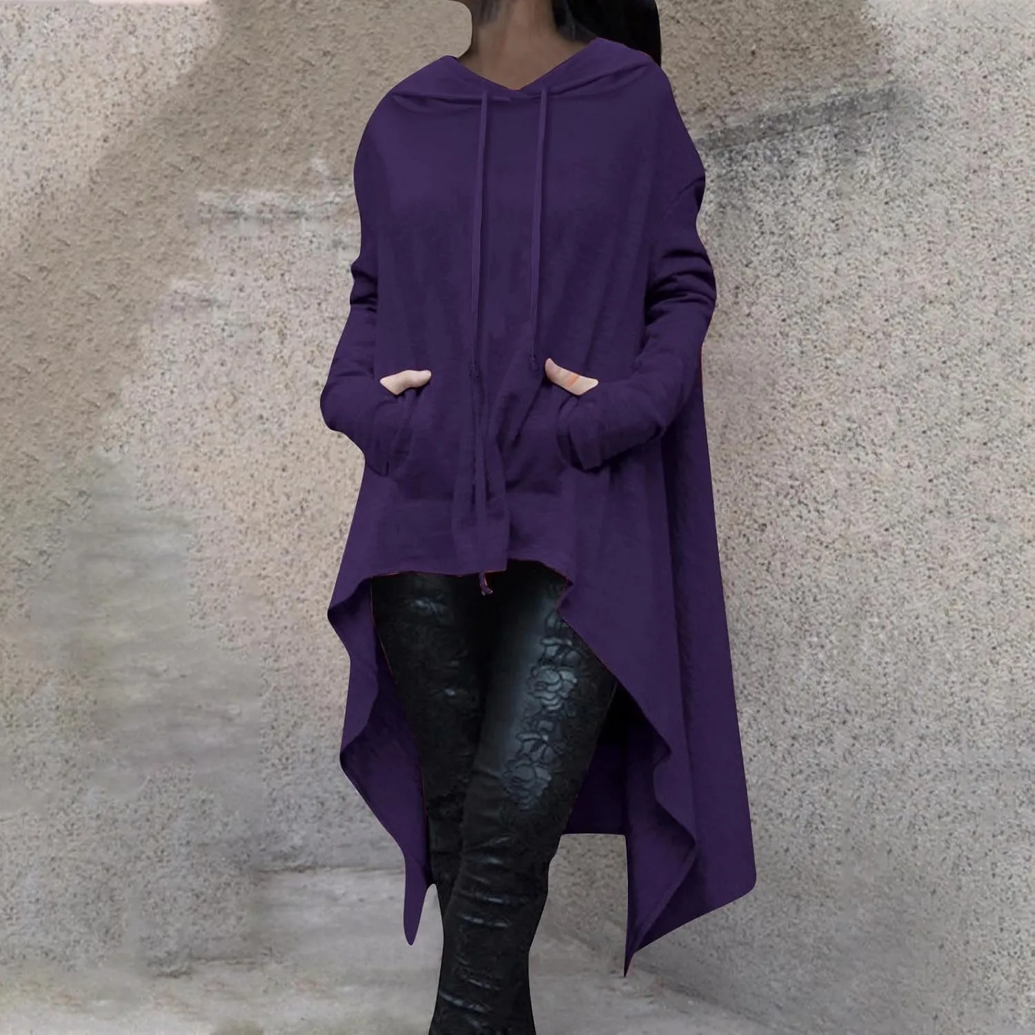 Women Fashion Hoodies Vintage Gothic Pullover Shirt Hi-Low Hem Oversized Long Asymmetric Sweatshirts Top with Pocket