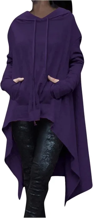 Women Fashion Hoodies Vintage Gothic Pullover Shirt Hi-Low Hem Oversized Long Asymmetric Sweatshirts Top with Pocket