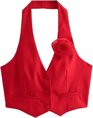 Women Floral Appliques Sleeveless Halterneck Camisole Tank Buttons Slim Summer Crop Tops
