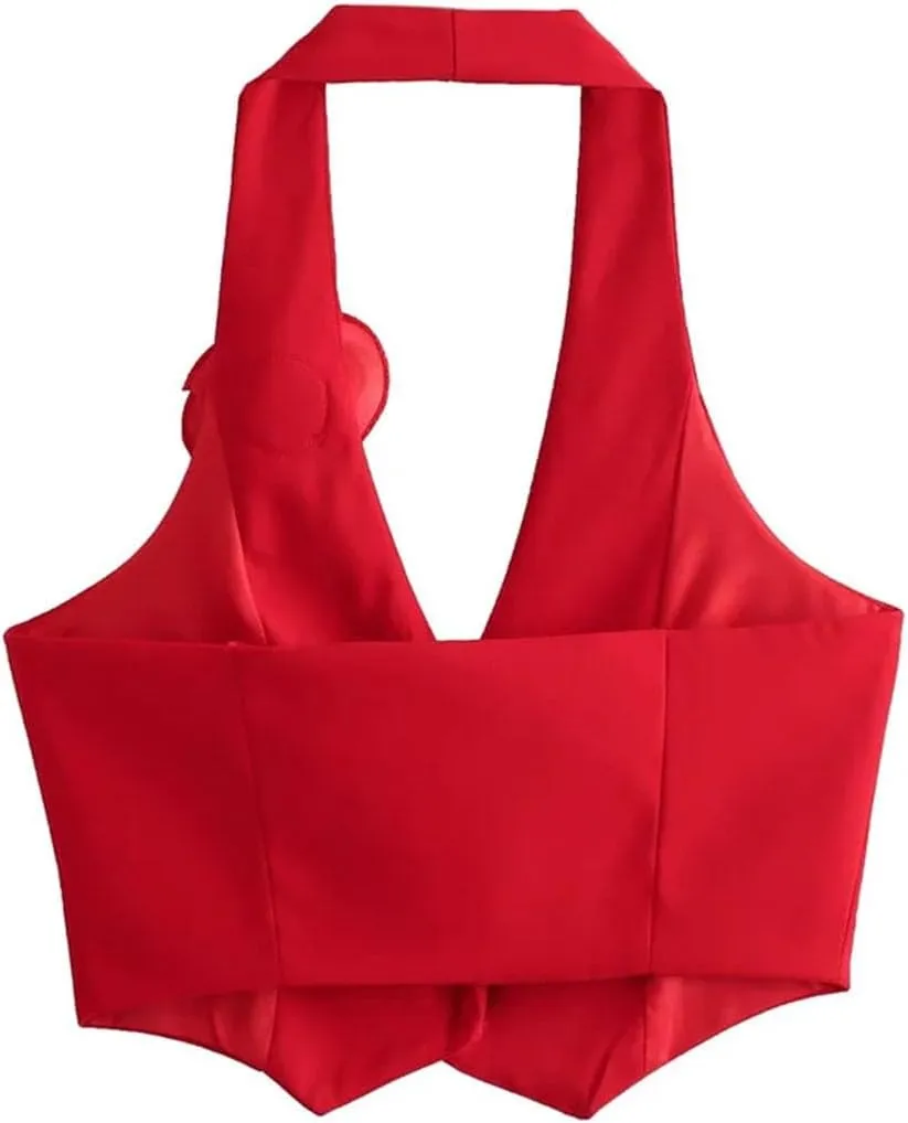 Women Floral Appliques Sleeveless Halterneck Camisole Tank Buttons Slim Summer Crop Tops