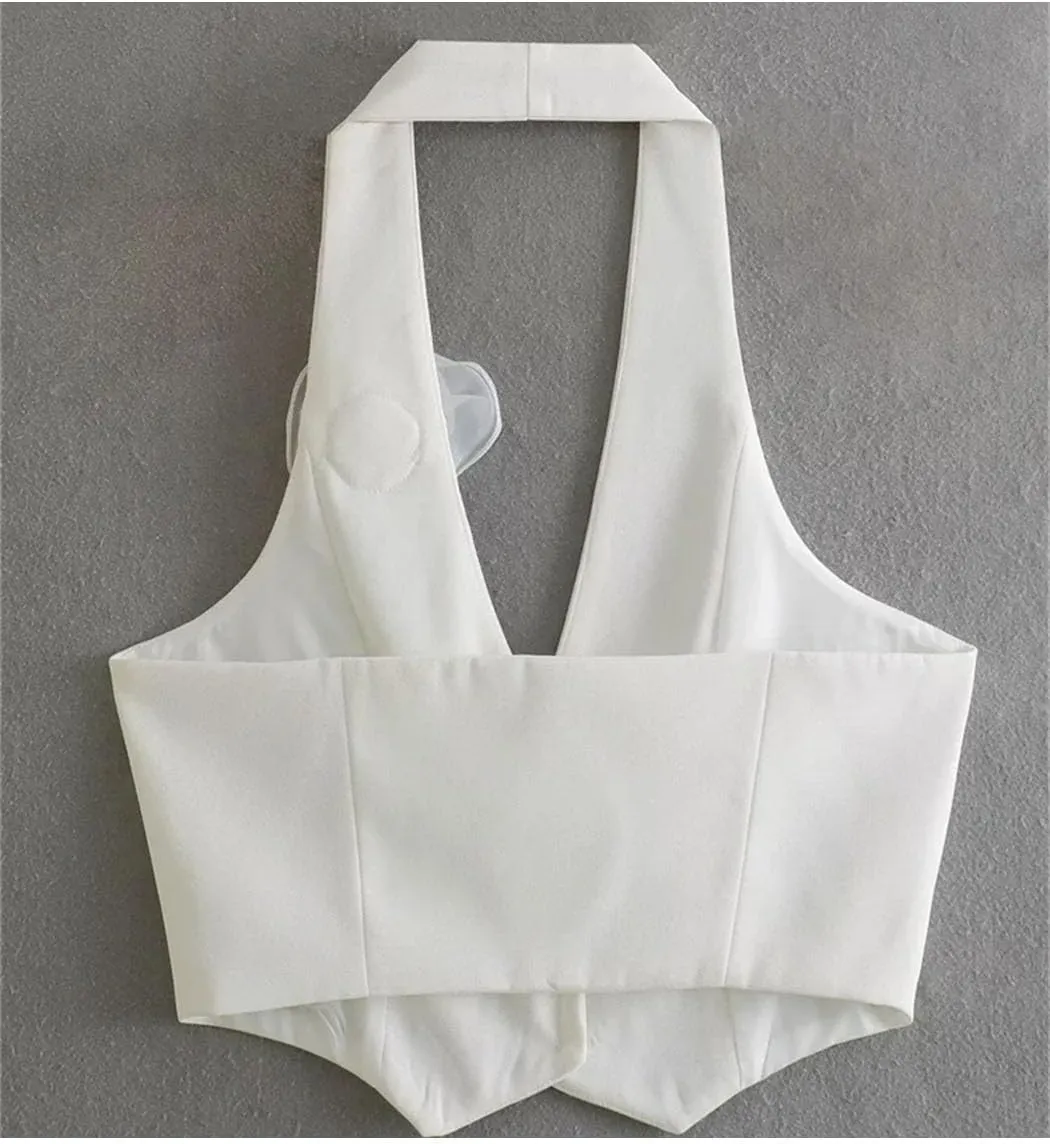 Women Floral Appliques Sleeveless Halterneck Camisole Tank Buttons Slim Summer Crop Tops