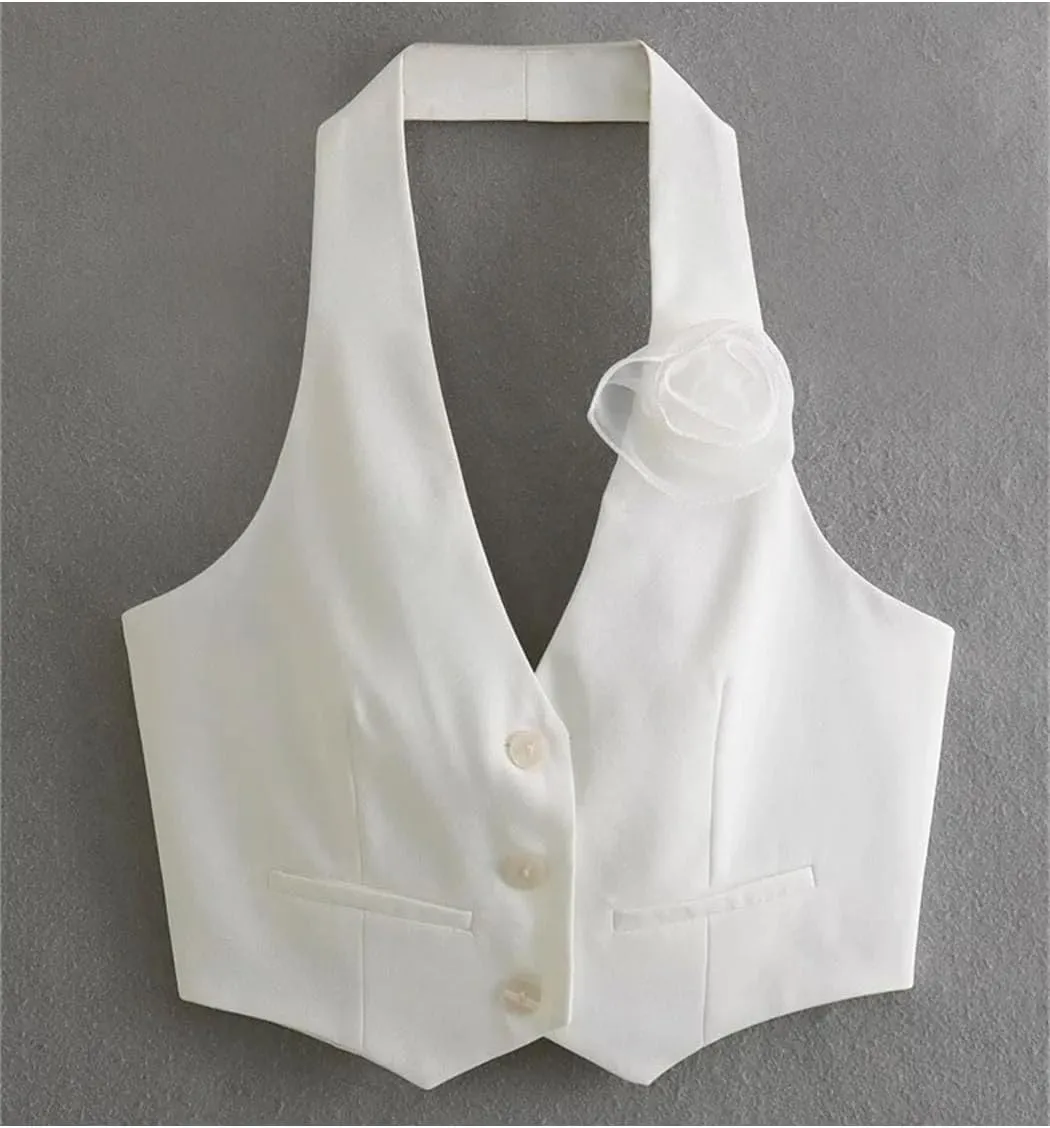 Women Floral Appliques Sleeveless Halterneck Camisole Tank Buttons Slim Summer Crop Tops