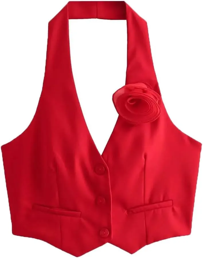 Women Floral Appliques Sleeveless Halterneck Camisole Tank Buttons Slim Summer Crop Tops