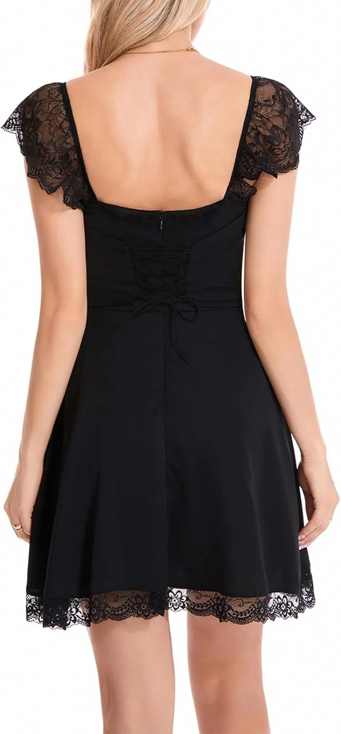 Women Fly Sleeve Mini Dress Sweetheart-Neck Swiss Dot Sleeveless Chiffon Tiered Ruffle Hem Bodycon Dress Streetwear