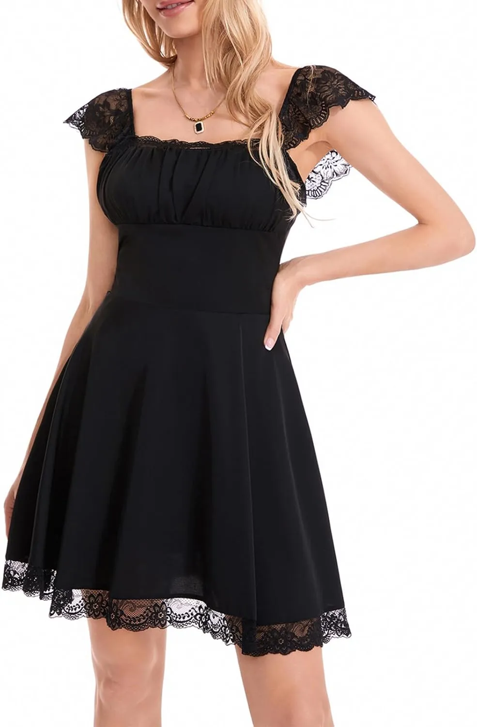 Women Fly Sleeve Mini Dress Sweetheart-Neck Swiss Dot Sleeveless Chiffon Tiered Ruffle Hem Bodycon Dress Streetwear