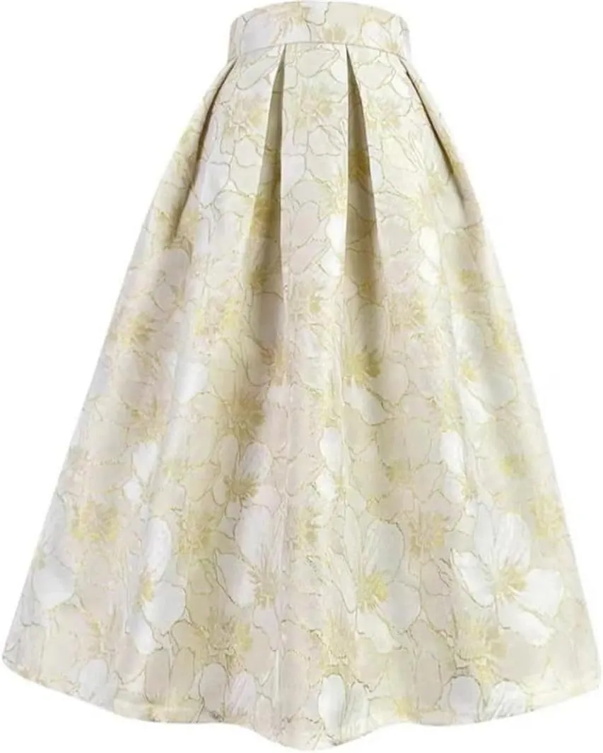 Women High Waist Long Pleated Skirt Simple Printed Mid-Calf Midi Skater Slim Skirt