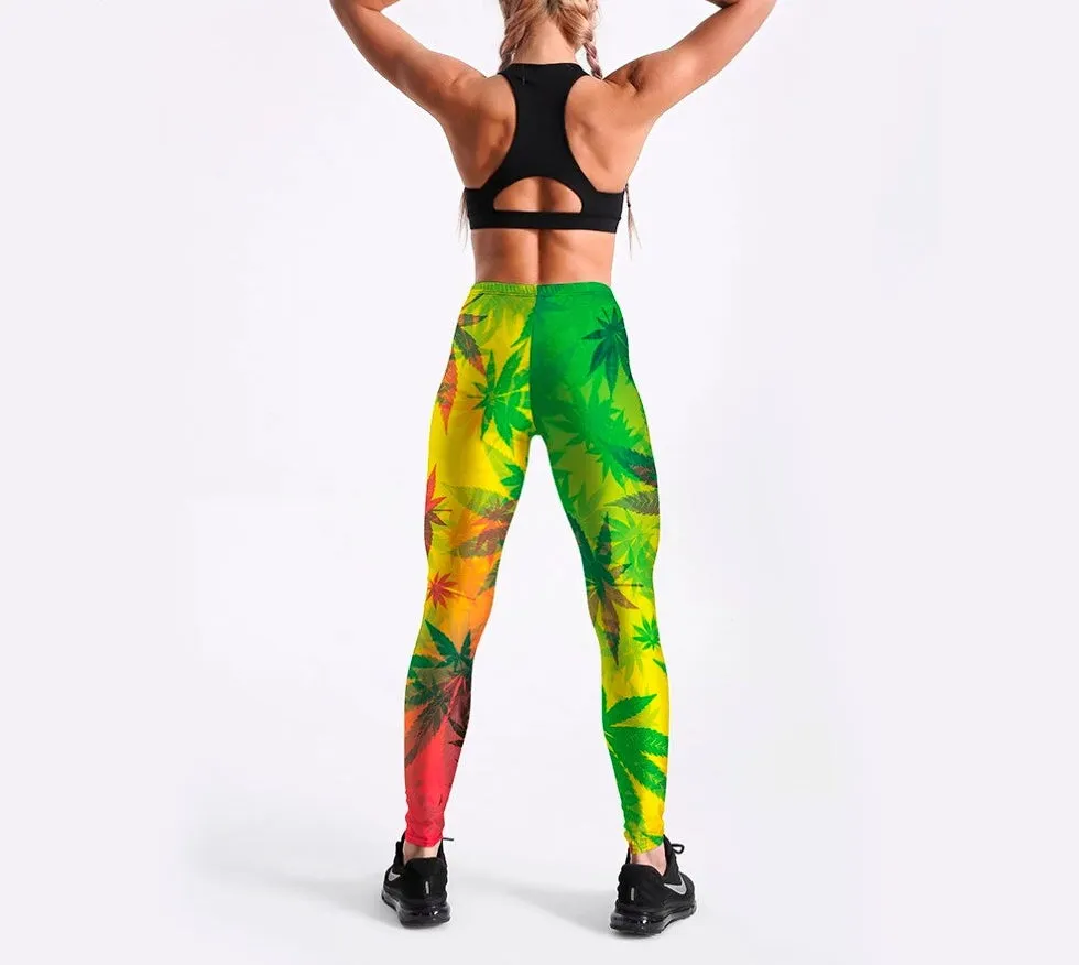 Women High Waist Weed Leaf Leggings