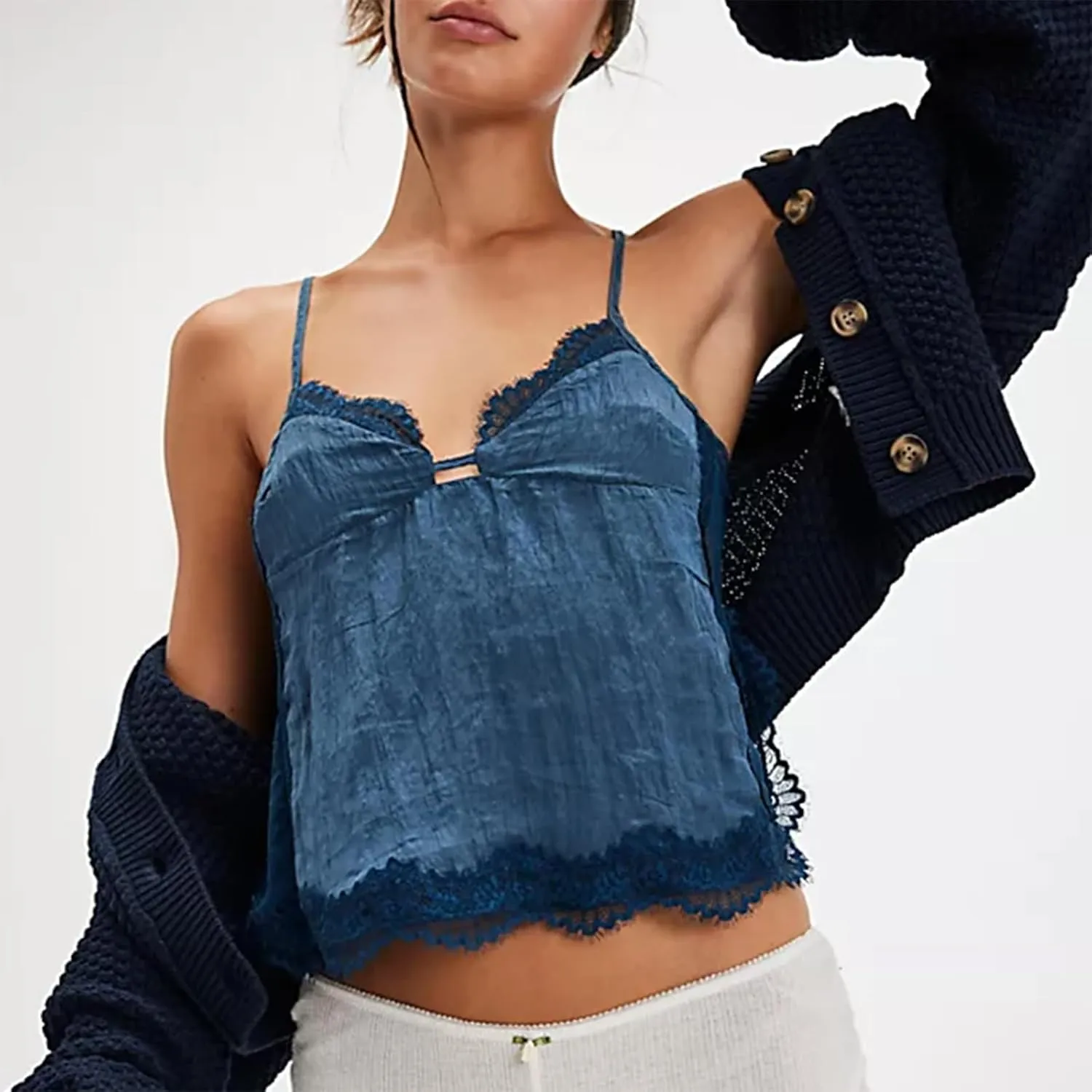Women Lace Trim Cami Spaghetti Strap Deep V Neck Tie Back Slim Fit Basic Going Out Tank Tops Camisole Streetwear