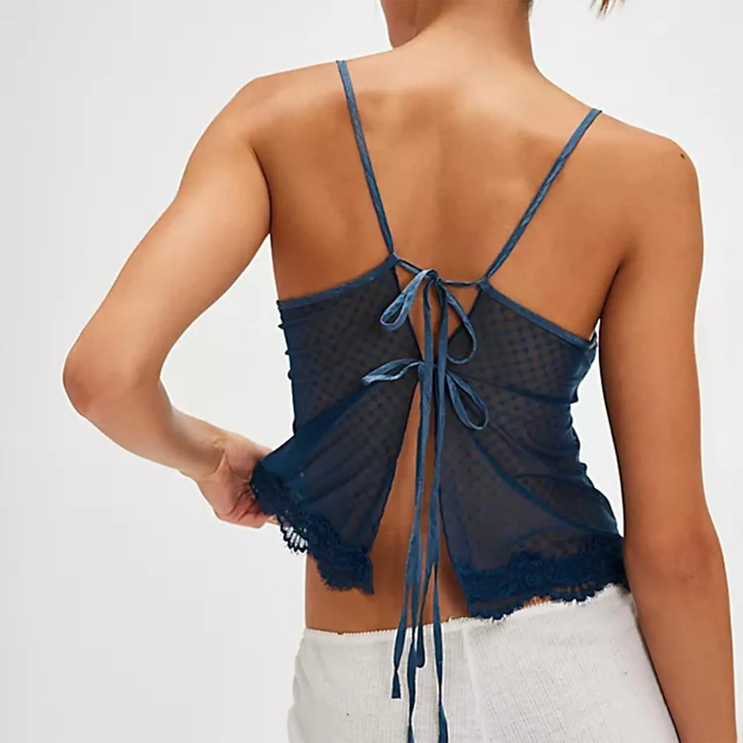 Women Lace Trim Cami Spaghetti Strap Deep V Neck Tie Back Slim Fit Basic Going Out Tank Tops Camisole Streetwear