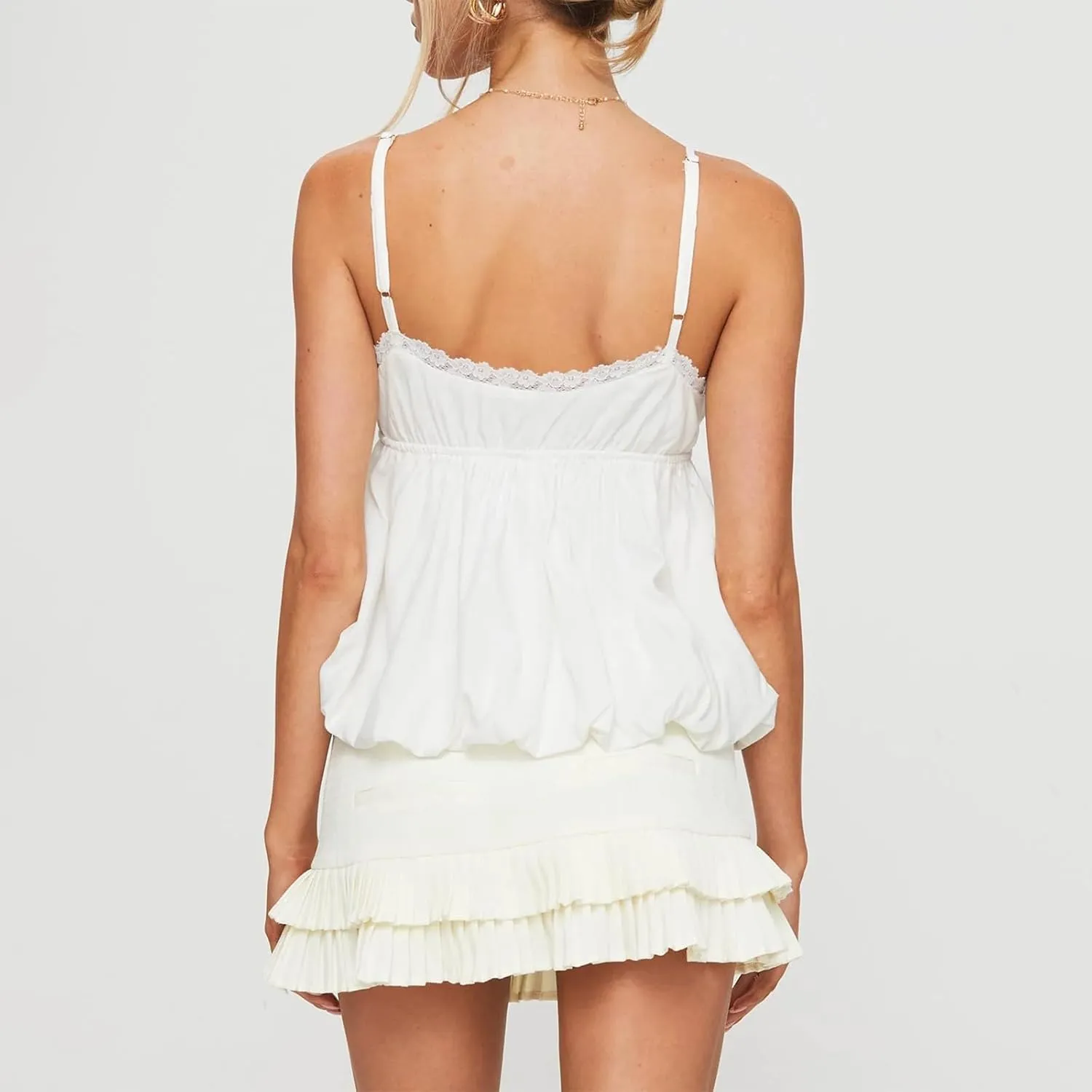 Women Lace Trim Camisole Slim Fitted Spaghetti Strap Ruffle Cami Crop Top V Neck Sleeveless Tank Tops Streetwear