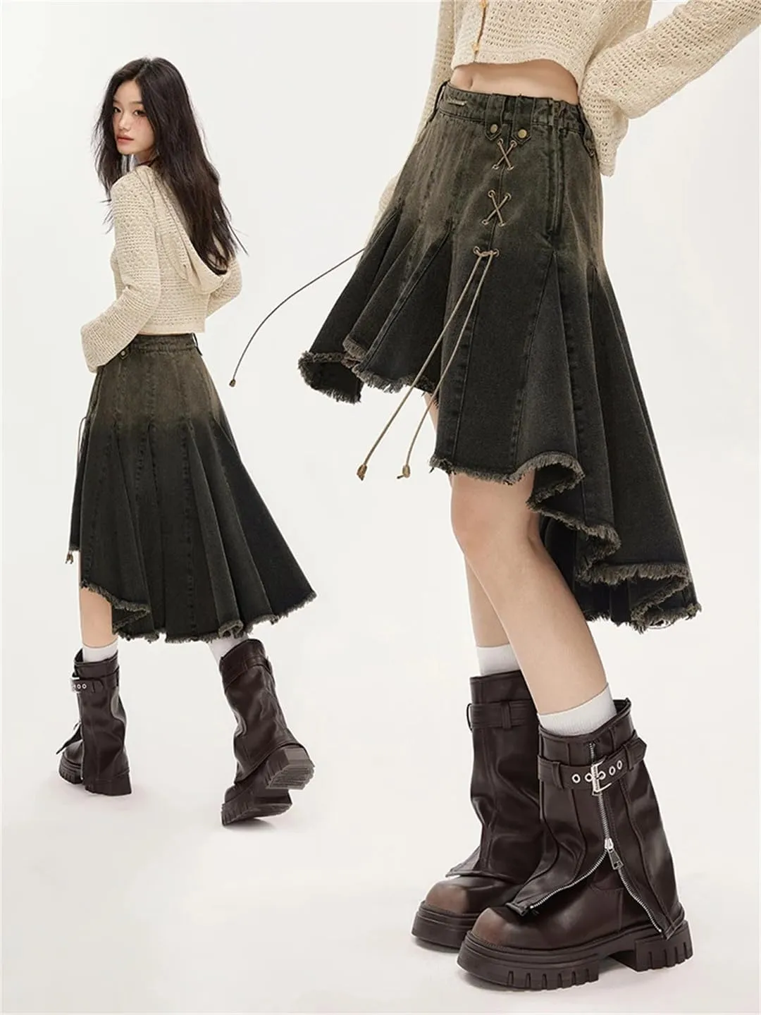 Women Lace Up Dark Skirt Japanese Irregular Midi Pleated Denim Skirt