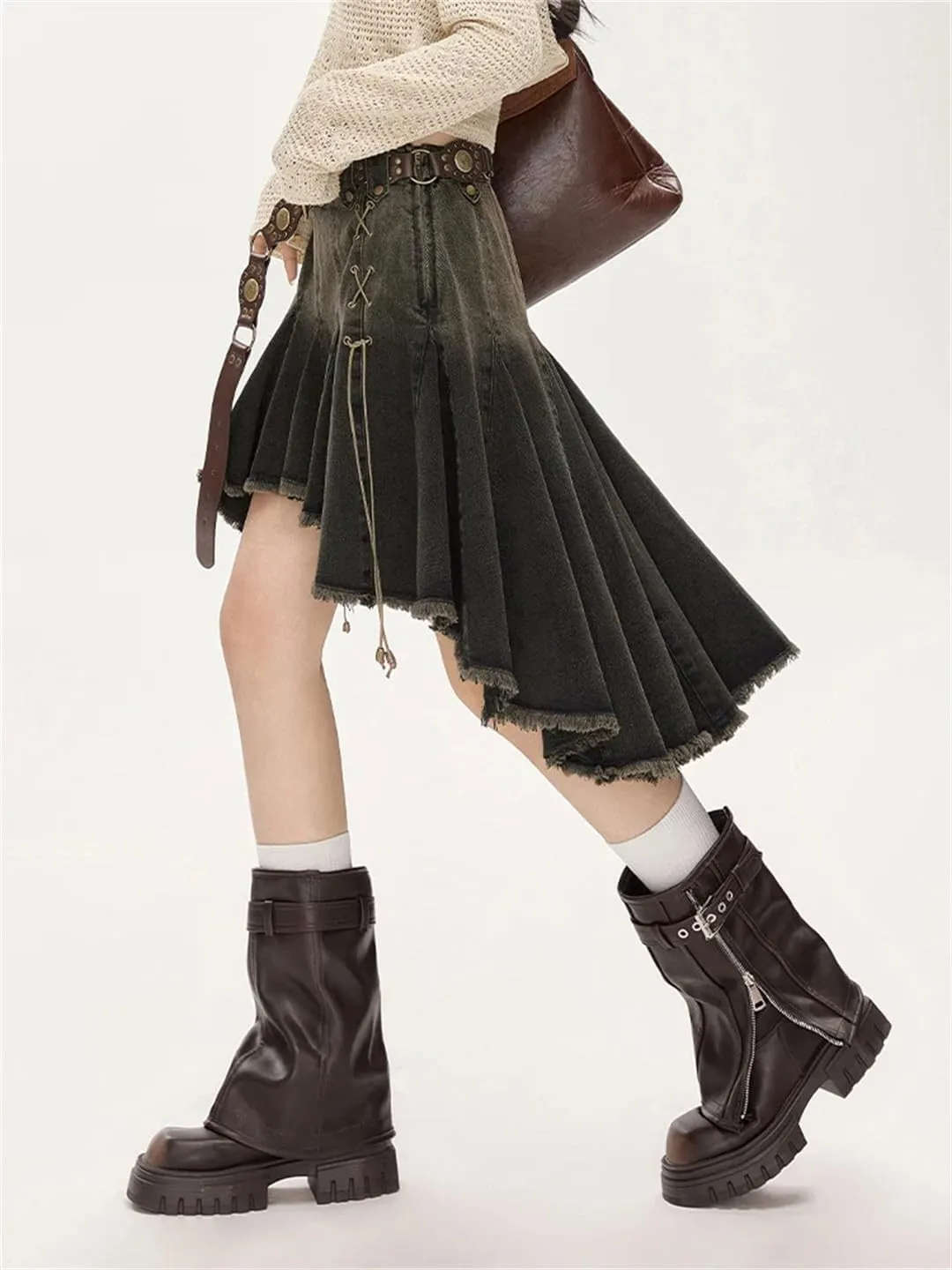 Women Lace Up Dark Skirt Japanese Irregular Midi Pleated Denim Skirt