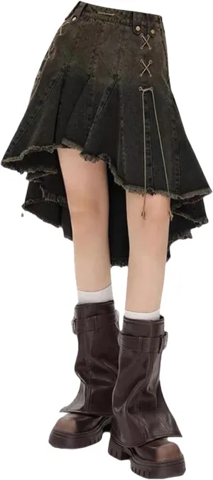 Women Lace Up Dark Skirt Japanese Irregular Midi Pleated Denim Skirt
