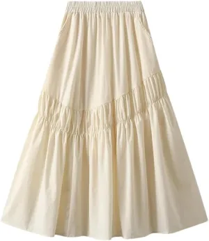 Women Midi Long Pleated Skirts A-Line High Waist Skirt Korean Style Party Evening Solid Skirt