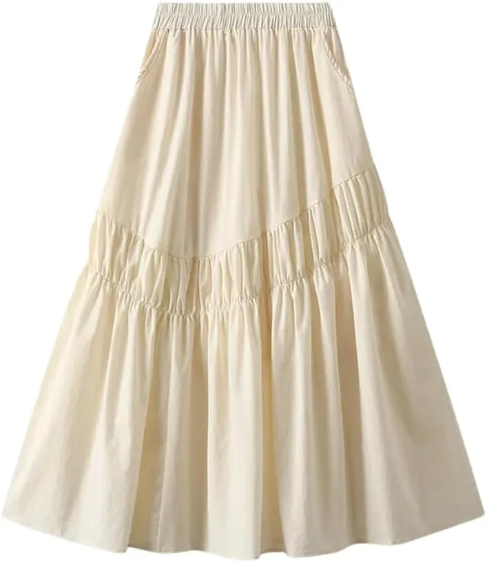 Women Midi Long Pleated Skirts A-Line High Waist Skirt Korean Style Party Evening Solid Skirt