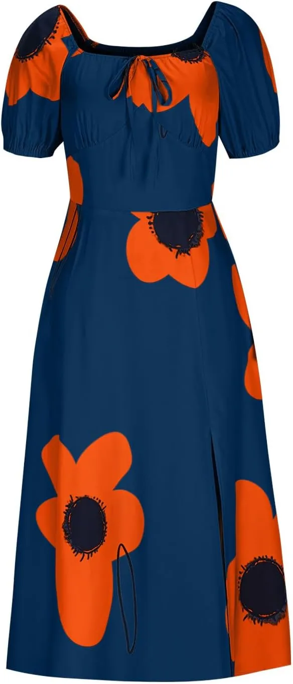 Women Off Shoulder A-Line Dresses Summer Cute Flower Print Puff Short Sleeve High Waist Dress Split Hem Midi Dress