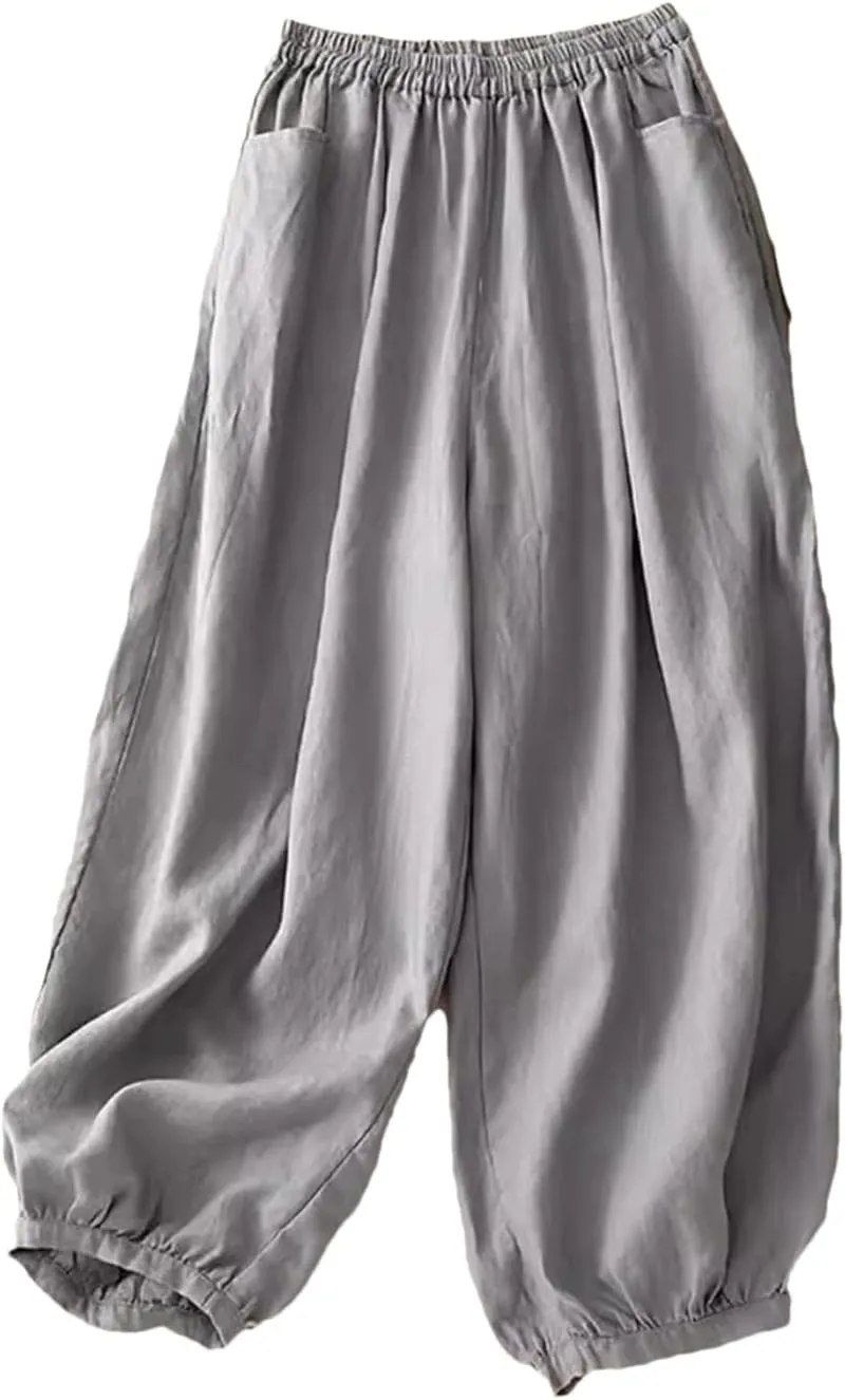 Women Retro Lantern Harem Pants Summer Elastic Waist Casual Bloomers Loose Wide Leg Pants