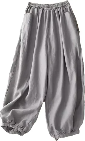 Women Retro Lantern Harem Pants Summer Elastic Waist Casual Bloomers Loose Wide Leg Pants