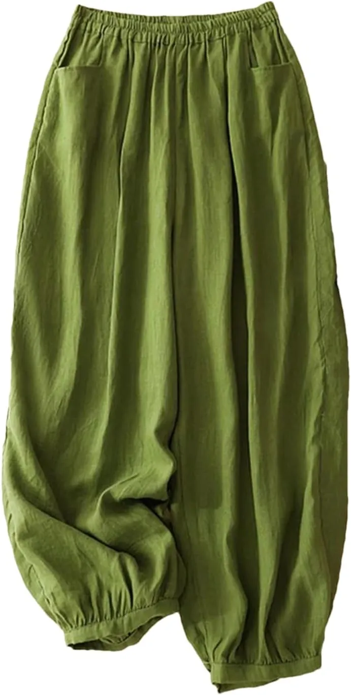 Women Retro Lantern Harem Pants Summer Elastic Waist Casual Bloomers Loose Wide Leg Pants