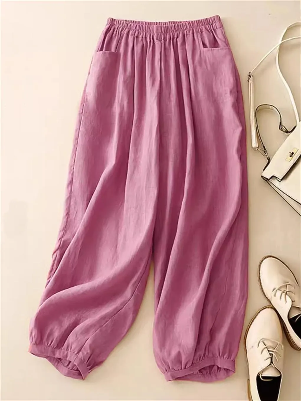 Women Retro Lantern Harem Pants Summer Elastic Waist Casual Bloomers Loose Wide Leg Pants