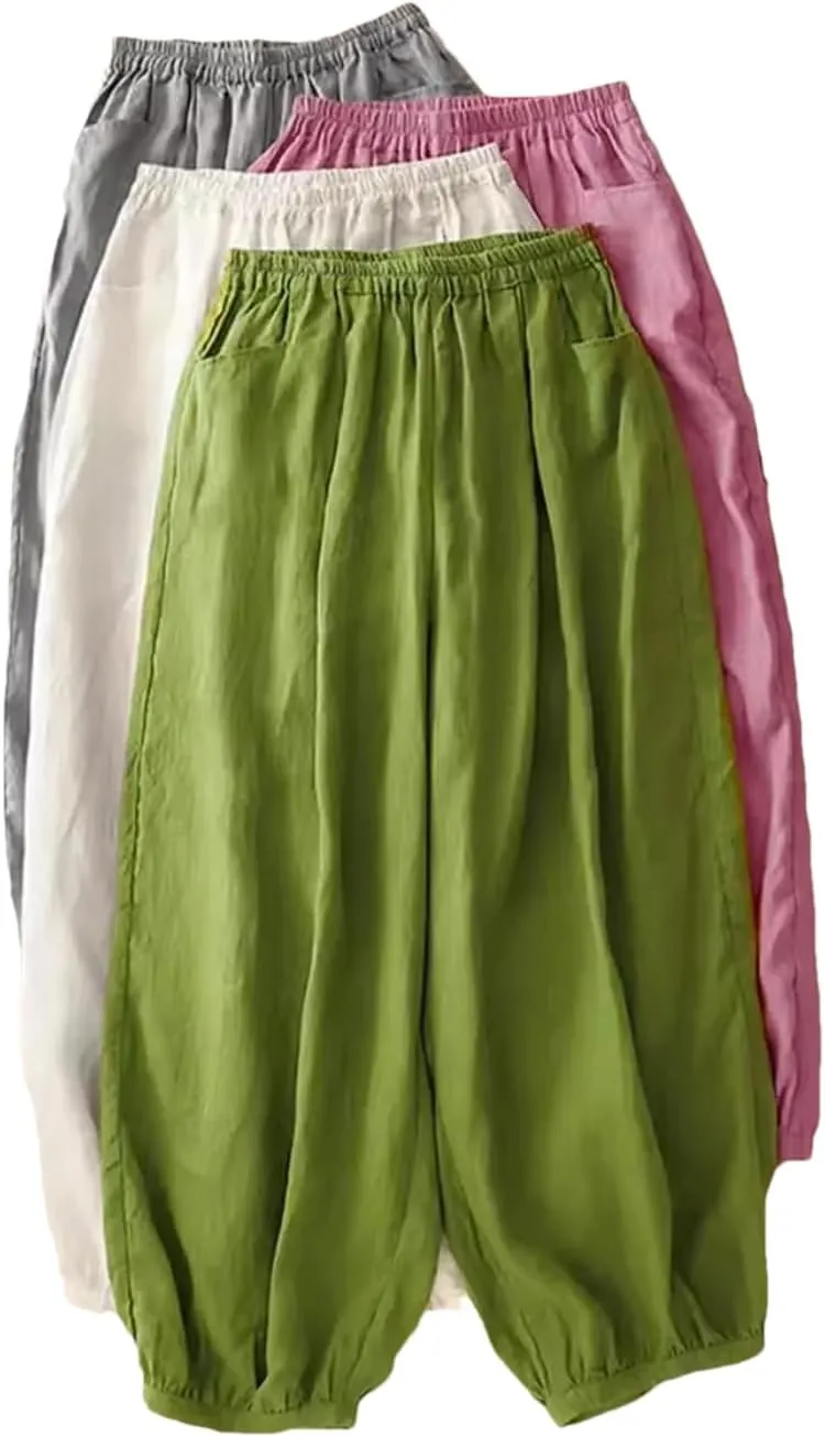 Women Retro Lantern Harem Pants Summer Elastic Waist Casual Bloomers Loose Wide Leg Pants