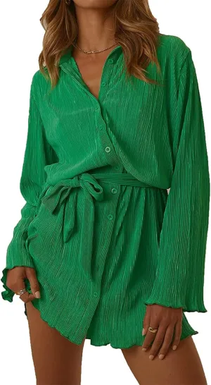 Women Shirt Dresses Long Sleeve Pleated Mini Dress Casual Button Down Tunic Tops with Belt Vintage Streetwear