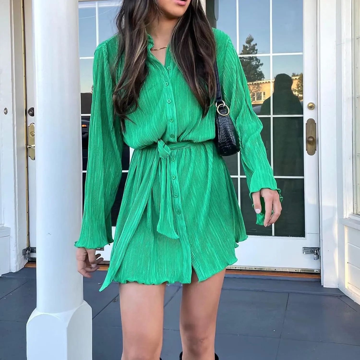 Women Shirt Dresses Long Sleeve Pleated Mini Dress Casual Button Down Tunic Tops with Belt Vintage Streetwear