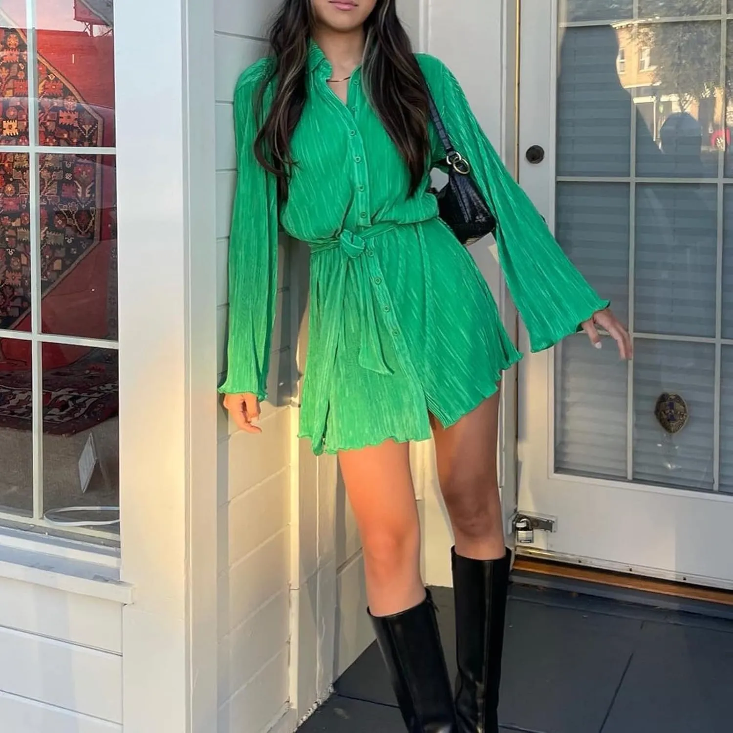 Women Shirt Dresses Long Sleeve Pleated Mini Dress Casual Button Down Tunic Tops with Belt Vintage Streetwear